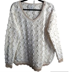 😃Express vintage bobble handknits cotton v neck sweater ivory tan sz L
